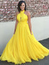 A Line Halter Yellow Chiffon Pleats Prom Dress LBQ2636